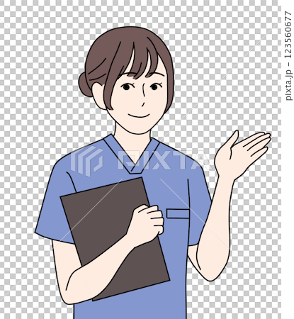 ブルーのスクラブを着て案内をする看護師 ブルーのスクラブを着て案内をする看護師 123560677