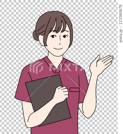 A nurse wearing maroon scrubs giving directions 123560678