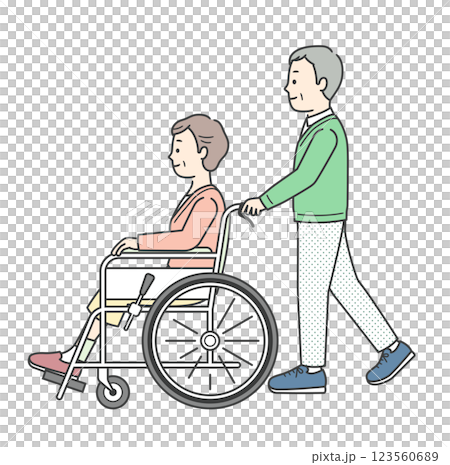 Illustration of an elderly woman in a wheelchair and an elderly man assisting her 123560689