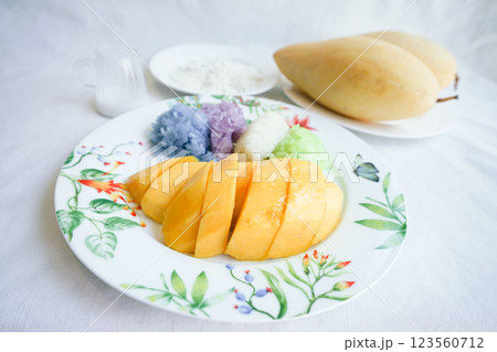 タイスイーツ「カオニャオマムアン(Sticky Rice with Mango)」と食材 タイスイーツ「カオニャオマムアン(Sticky Rice with Mango)」と食材 123560712