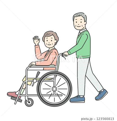 車椅子の高齢女性と介助ををする高齢男性のイラスト 123560813