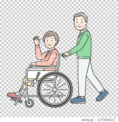 車椅子の高齢女性と介助ををする高齢男性のイラスト 123560813