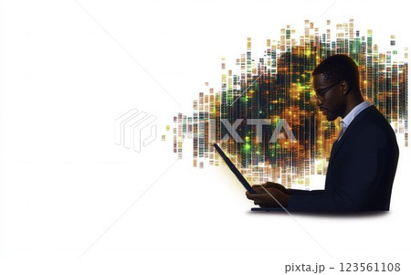 Professional Man Using Laptop with Colorful Data Visualization Background Professional Man Using Laptop with Colorful Data Visualization Background 123561108