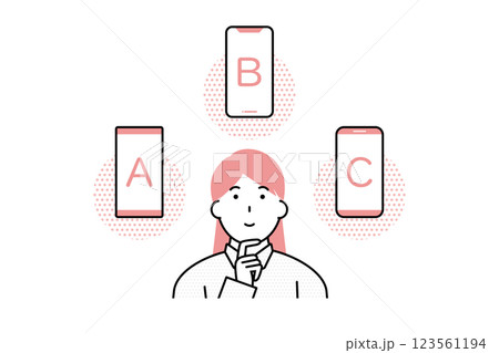 どのスマートフォンを購入するか迷う若い女性のイラスト 123561194