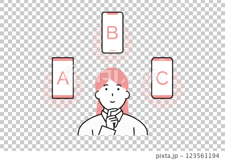 どのスマートフォンを購入するか迷う若い女性のイラスト 123561194