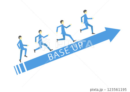 ベースアップと書かれた右肩上がりの矢印の上を走るビジネスチーム 123561195