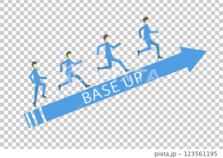ベースアップと書かれた右肩上がりの矢印の上を走るビジネスチーム 123561195