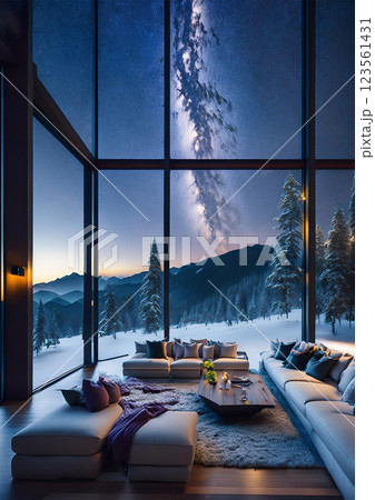 夜の部屋の窓から見える景色 123561431