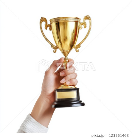 Elegant Hand Hoisting Golden Trophy Against White Background 123561468