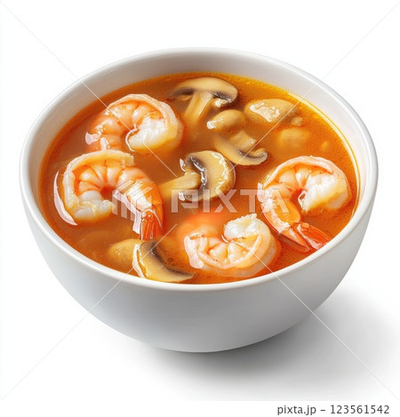 Hot Sour Soup with Shrimp and Mushrooms in a White Bowl 123561542