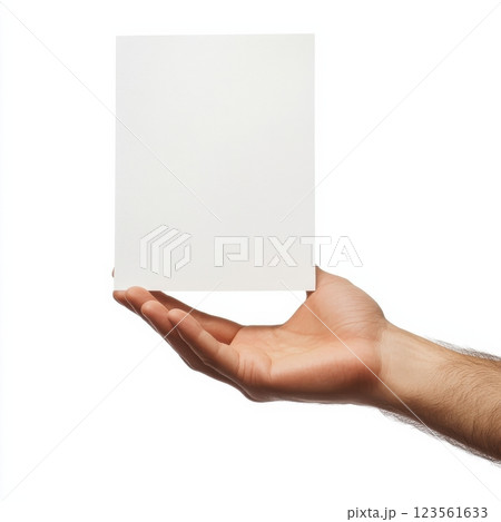 Hand Offering Crisp Clean Sheet of White Paper for Presentation 123561633