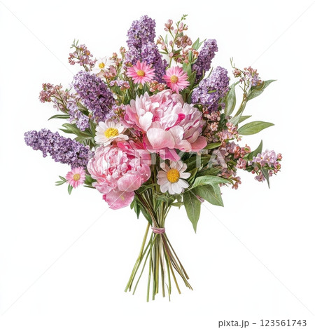 Vibrant Spring Flower Bouquet Featuring Colorful Peonies and Lilacs 123561743