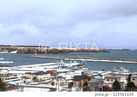 冬の落石漁港と浜松放牧地（奥にユルリ島） 123561830