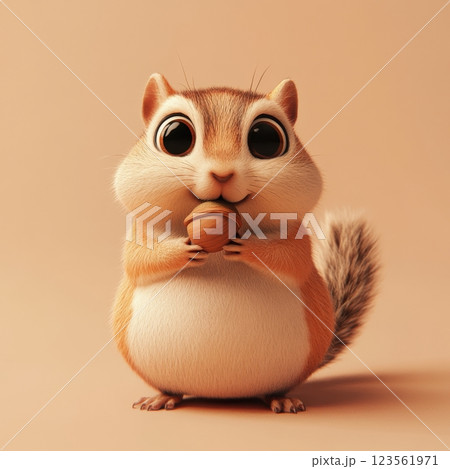 Cute Tiny Chubby Chipmunk Character Holding Acorn with Large Eyes 123561971