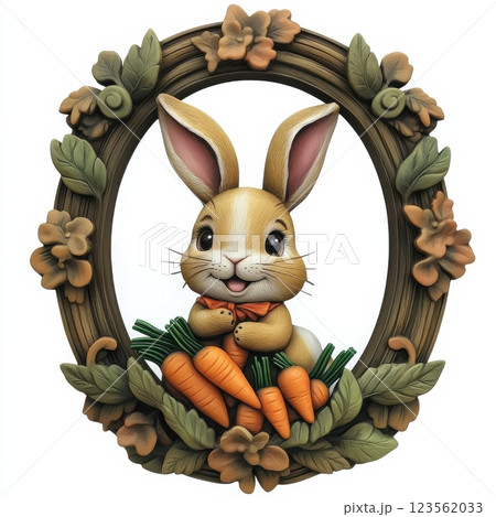 Cheerful Cartoon Rabbit in Decorative Floral Frame with Carrots 123562033