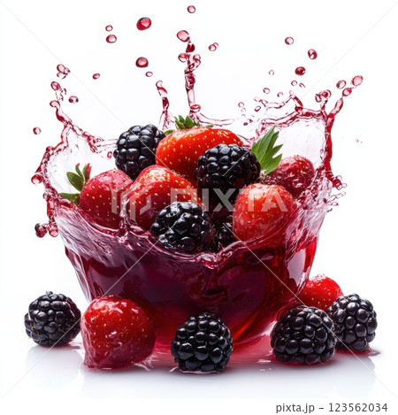 Dramatic Juice Splash with Fresh Berries in Clear Liquid Background 123562034