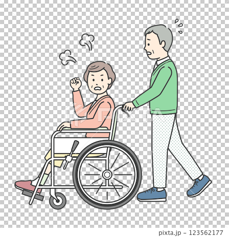 一位老人協助一位坐在輪椅上的老年婦女並生氣的插圖 123562177