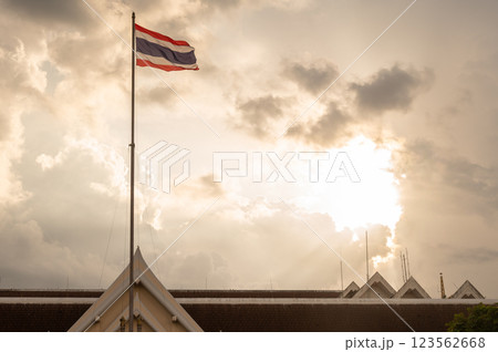 A Thailand national flag blowing by wind during sunset. 123562668