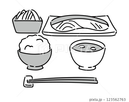 和食の鮭の切り身焼き魚定食イメージイラスト(グレースケール) 123562763