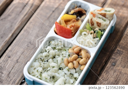 仕切り一体型弁当箱を使った手作りの和食弁当 仕切り一体型弁当箱を使った手作りの和食弁当 123562890