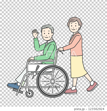 Illustration of an elderly man sitting in a wheelchair waving his hand and an elderly woman providing assistance Illustration of an elderly man sitting in a wheelchair waving his hand and an elderly woman providing assistance 123562924
