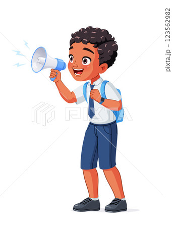 Happy little school boy with megaphone speaking or shouting excitedly making announcement vector illustration. 123562982