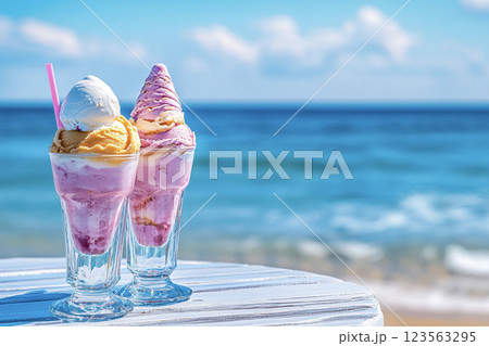 海の見えるカフェのアイスクリーム　AI画像 123563295