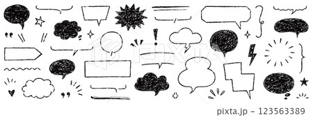 Speech bubble text frame dialog cloud hand drawn set. Crayon chalk doodle talk speech bubble frame. Hand drawn line chalk frame, think balloon, children doodle text cloud icon. Vector illustration. Speech bubble text frame dialog cloud hand drawn set. Crayon chalk doodle talk speech bubble frame. Hand drawn line chalk frame, think balloon, children doodle text cloud icon. Vector illustration. 123563389