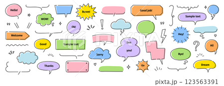 Line frame text speech bubble set. Line balloon frame design talk speech bubble frame. Comic japan style design background text dialog balloon, simple doodle cloud, box border. Vector 123563391