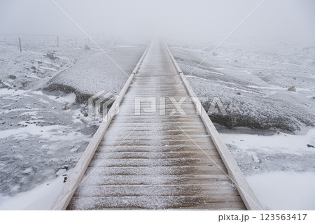 凍結した木道 砂千里ヶ浜 冬の阿蘇の風景 凍結した木道 砂千里ヶ浜 冬の阿蘇の風景 123563417