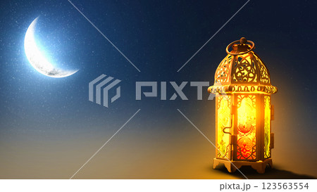 Traditional glowing Arabic lantern with crescent moon view on night scene background. Copy space or mockup. Concept of Eid Al Fitr and Ramadan Mubarak. Islamic background Traditional glowing Arabic lantern with crescent moon view on night scene background. Copy space or mockup. Concept of Eid Al Fitr and Ramadan Mubarak. Islamic background 123563554