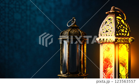 Traditional Arabic lantern with geometric seamless pattern wall background. Copy space or mockup. Concept of Eid Al Fitr and Ramadan Mubarak. Islamic background Traditional Arabic lantern with geometric seamless pattern wall background. Copy space or mockup. Concept of Eid Al Fitr and Ramadan Mubarak. Islamic background 123563557