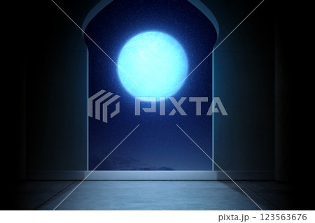 View of mosque window with full moon in the night scene background. Concept of Religion, Spiritual or Ramadan 123563676