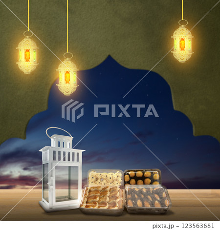 Traditional glowing Arabic lanterns hanging with a mosque dome pattern and variation of cake to celebrate eid mubarak. Concept of Religion, Spiritual or Ramadan Traditional glowing Arabic lanterns hanging with a mosque dome pattern and variation of cake to celebrate eid mubarak. Concept of Religion, Spiritual or Ramadan 123563681