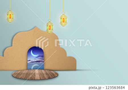 Traditional glowing Arabic lanterns hanging with a mosque dome pattern and night scene background. Copy space. Concept of Religion, Spiritual or Ramadan Traditional glowing Arabic lanterns hanging with a mosque dome pattern and night scene background. Copy space. Concept of Religion, Spiritual or Ramadan 123563684