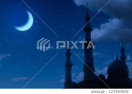 View of the silhouette of the mosque with a crescent moon in the night scene background. Concept of Religion, Spiritual or Ramadan View of the silhouette of the mosque with a crescent moon in the night scene background. Concept of Religion, Spiritual or Ramadan 123563692
