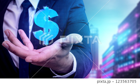 A businessman showing on his hand a holographic dollar sign with a modern city background. Concept of business, finance, and economy A businessman showing on his hand a holographic dollar sign with a modern city background. Concept of business, finance, and economy 123563705