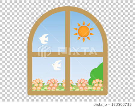 具有白天景觀的窗戶的插圖素材 123563733