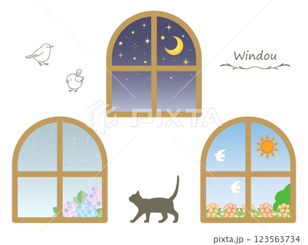 いろいろな景色の見える窓と動物のイラストセット 123563734