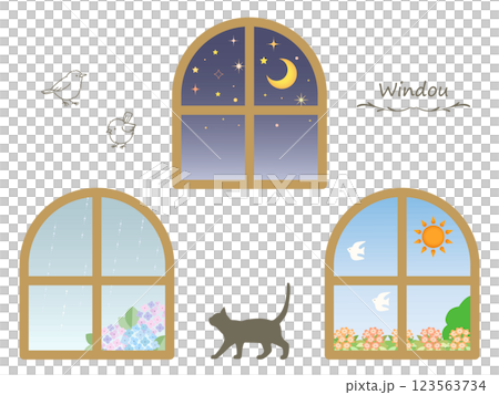 いろいろな景色の見える窓と動物のイラストセット 123563734