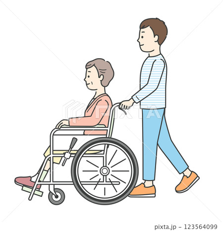 車椅子の高齢女性と介助ををする若い男性の全身イラスト 123564099