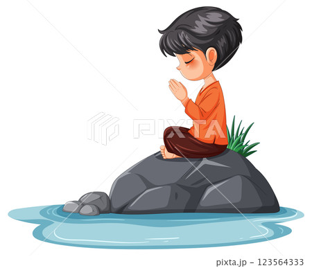 Meditative Child on a Rock 123564333
