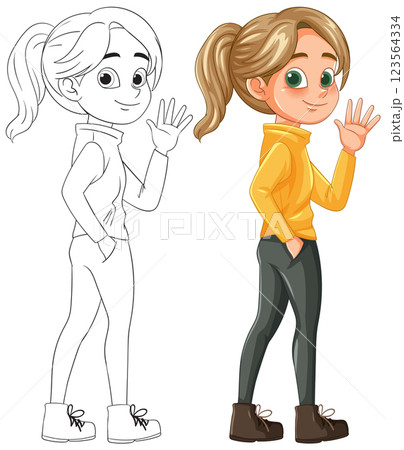 Cheerful Girl Waving in Casual Outfit 123564334