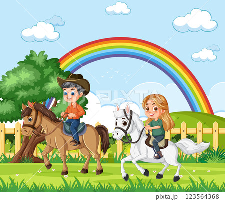 Happy Children Horseback Riding Under Rainbow Happy Children Horseback Riding Under Rainbow 123564368