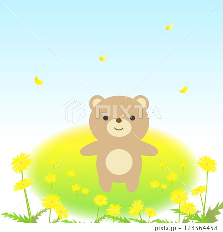 たんぽぽ畑にいるかわいいクマのイラスト 123564458