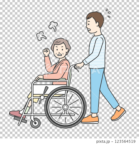 Illustration of a young man assisting an angry elderly woman sitting in a wheelchair 123564519