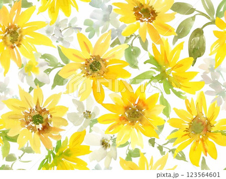 水彩で描いた抽象的なひまわりのシームレスパターン。夏の花の壁紙。 水彩で描いた抽象的なひまわりのシームレスパターン。夏の花の壁紙。 123564601
