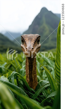 dinosaur peeks through lush greenery in Hawaiian landscape 123564668