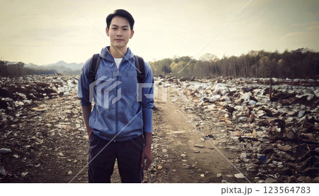 被災地に立つ若い男性,generative ai_ワイド 123564783