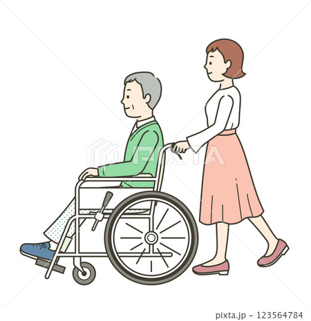 車椅子の高齢男性と介助ををする若い女性のイラスト 123564784